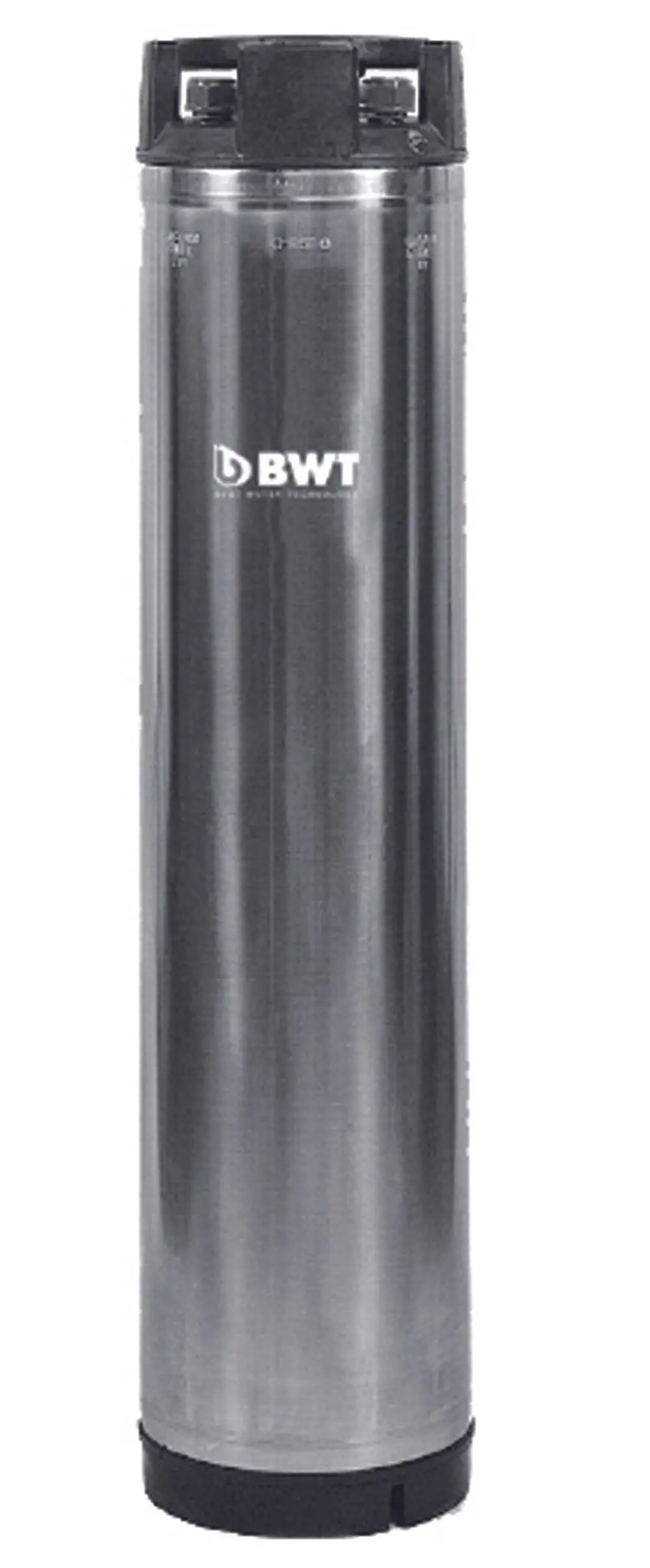 Edelstahlzylinder mit BWT-Logo, wahrscheinlich zur Wasserbehandlung, ohne sichtbare Maße oder spezifische Details.